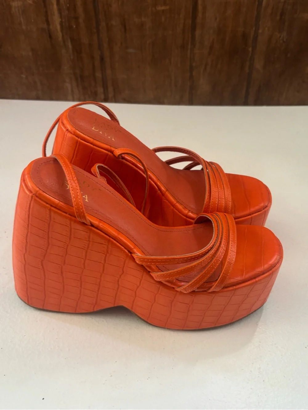 Dolls Kill Vegan Leather Croc Texture Platform Wedge Sandals - Orange size 5.5